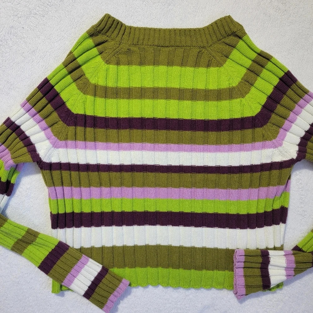 Abound Striped Cropped Sweater Green White Pink Burgandy Stretchy Size XL - Picture 5 of 9